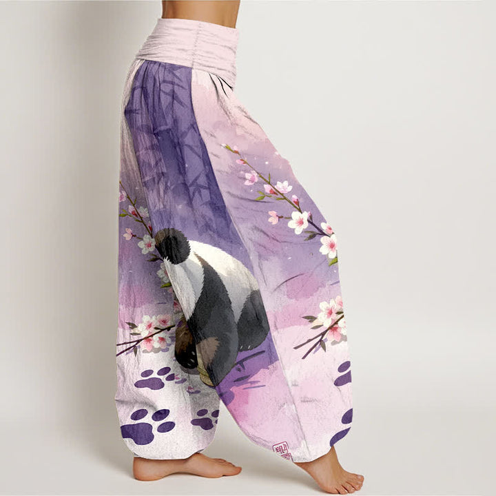 Buddha Stones Pantalones harem de algodón puro con estampado de panda y flores de bambú para mujer con cintura elástica. - image 10
