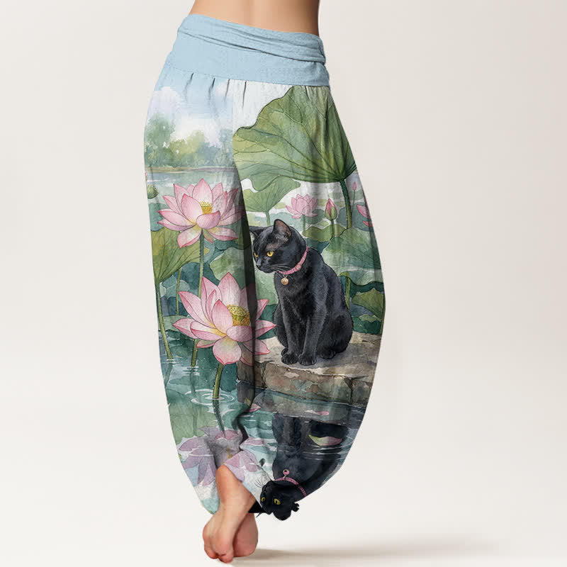 Buddha Stones Pantalones harem de algodón puro con estampado de loto y gato negro para mujer con cintura elástica. - image 1