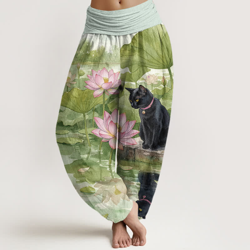 Buddha Stones Pantalones harem de algodón puro con estampado de loto y gato negro para mujer con cintura elástica. - Verde amarillento - US16，UK/AU20，EU48 (3XL) - image 5