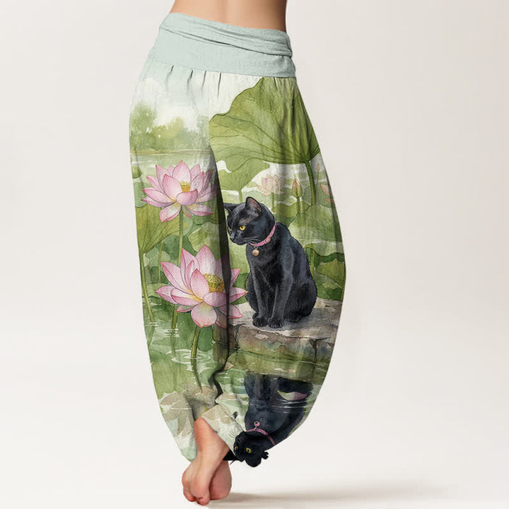 Buddha Stones Pantalones harem de algodón puro con estampado de loto y gato negro para mujer con cintura elástica. - image 6