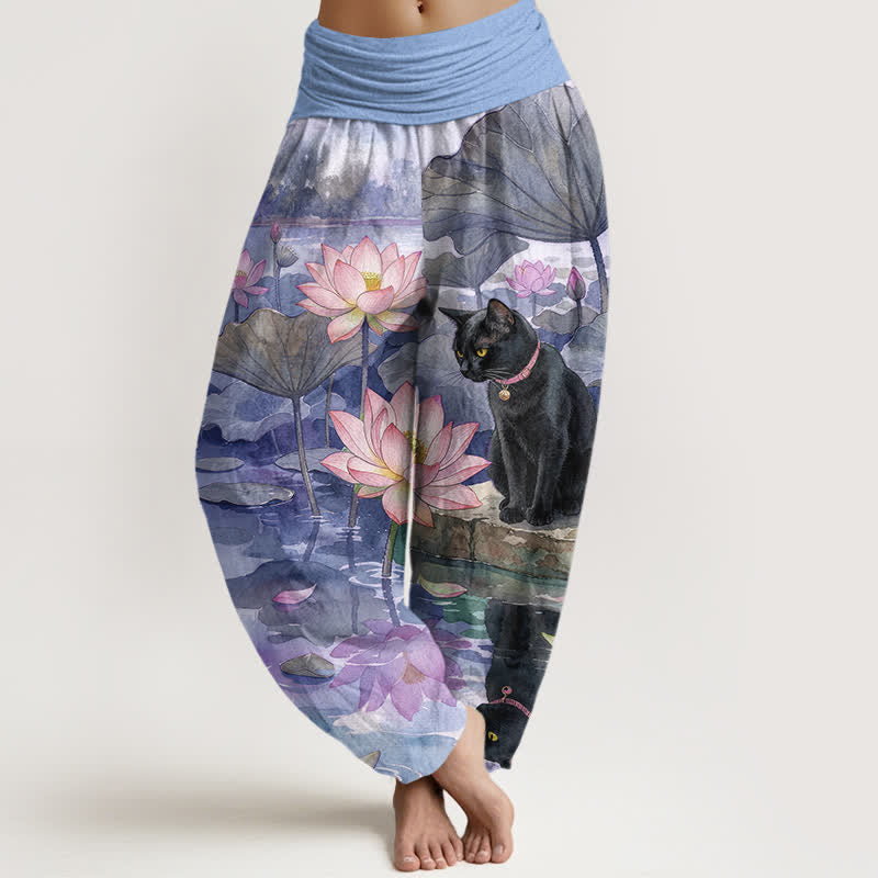 Buddha Stones Pantalones harem de algodón puro con estampado de loto y gato negro para mujer con cintura elástica. - Morado medio - US16，UK/AU20，EU48 (3XL) - image 8