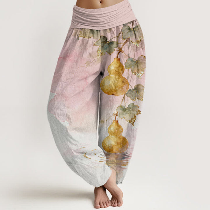 Buddha Stones Pantalones harem de algodón con estampado de hojas de calabaza dorada para mujer con cintura elástica. - Rosa - US16，UK/AU20，EU48 (3XL) - image 0