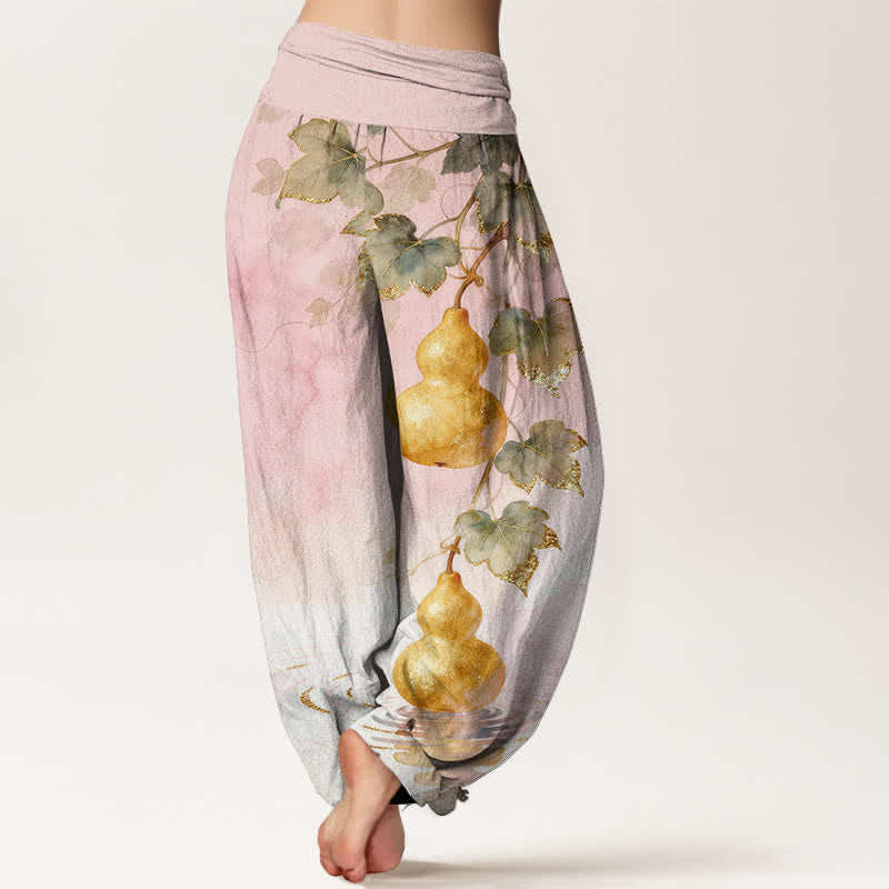 Buddha Stones Pantalones harem de algodón con estampado de hojas de calabaza dorada para mujer con cintura elástica. - image 1