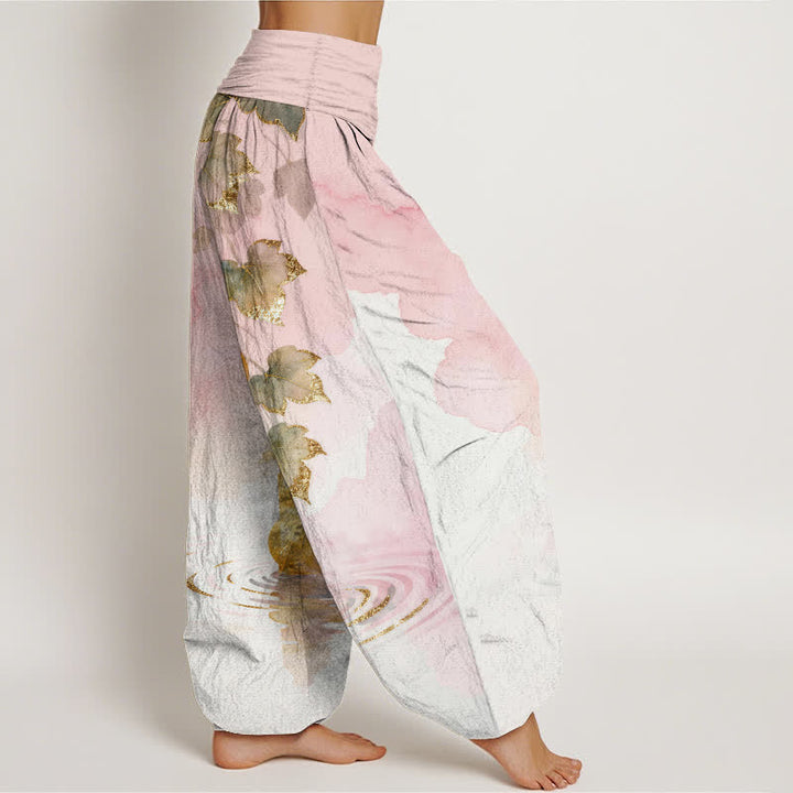 Buddha Stones Pantalones harem de algodón con estampado de hojas de calabaza dorada para mujer con cintura elástica. - image 2