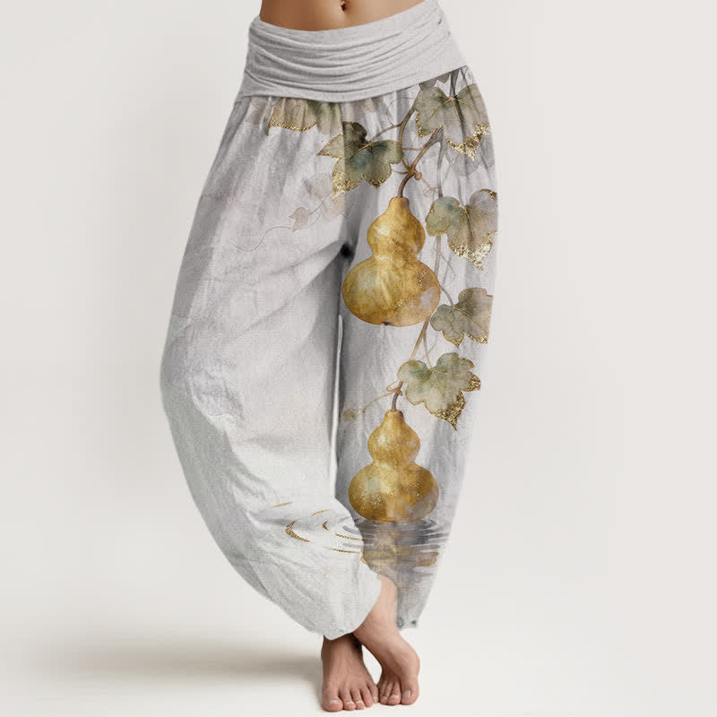 Buddha Stones Pantalones harem de algodón con estampado de hojas de calabaza dorada para mujer con cintura elástica. - Gainsboro - US16，UK/AU20，EU48 (3XL) - image 5