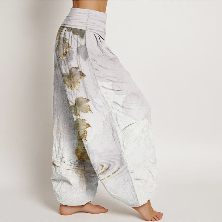Buddha Stones Pantalones harem de algodón con estampado de hojas de calabaza dorada para mujer con cintura elástica. - image 7