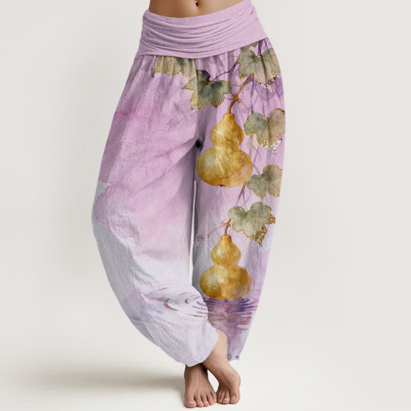Buddha Stones Pantalones harem de algodón con estampado de hojas de calabaza dorada para mujer con cintura elástica. - Ciruela - US16，UK/AU20，EU48 (3XL) - image 8