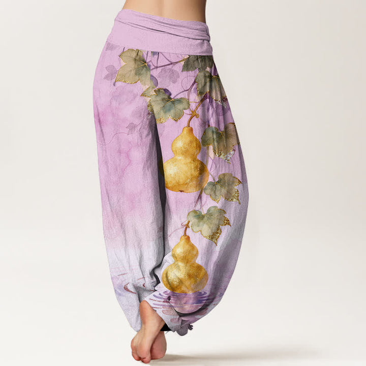 Buddha Stones Pantalones harem de algodón con estampado de hojas de calabaza dorada para mujer con cintura elástica. - image 9