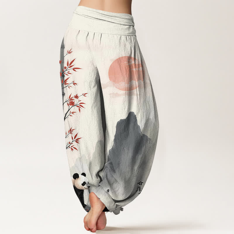 Buddha Stones Pantalones harem de mujer con cintura elástica y estampado de panda de bambú y tinta de algodón. - image 1