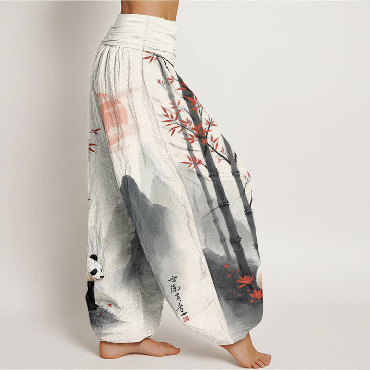 Buddha Stones Pantalones harem de mujer con cintura elástica y estampado de panda de bambú y tinta de algodón. - image 2