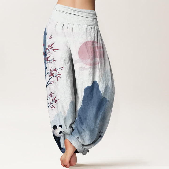 Buddha Stones Pantalones harem de mujer con cintura elástica y estampado de panda de bambú y tinta de algodón. - image 6