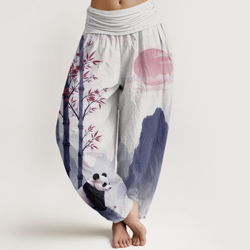 Buddha Stones Pantalones harem de mujer con cintura elástica y estampado de panda de bambú y tinta de algodón. - Blanco - US16，UK/AU20，EU48 (3XL) - image 8