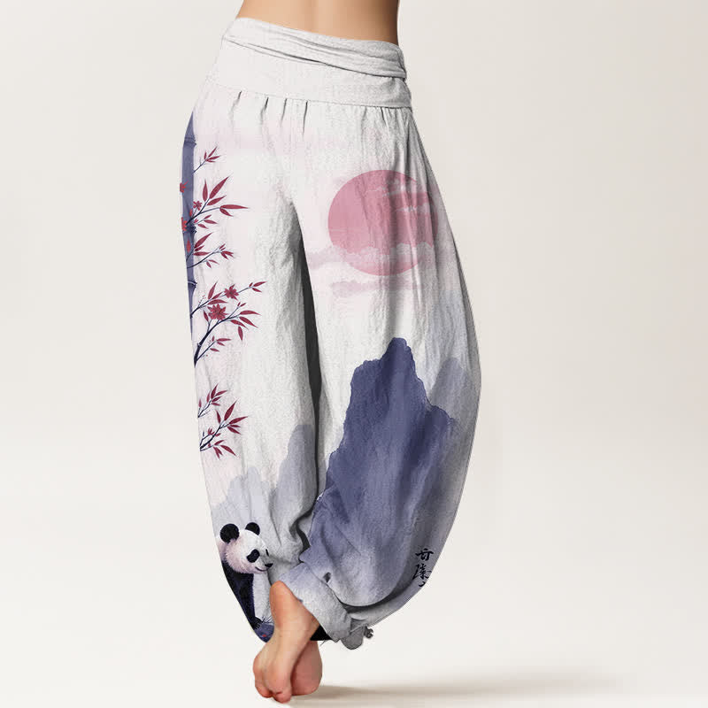 Buddha Stones Pantalones harem de mujer con cintura elástica y estampado de panda de bambú y tinta de algodón. - image 9