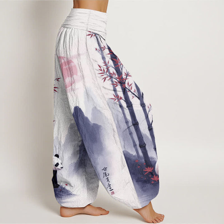 Buddha Stones Pantalones harem de mujer con cintura elástica y estampado de panda de bambú y tinta de algodón. - image 10
