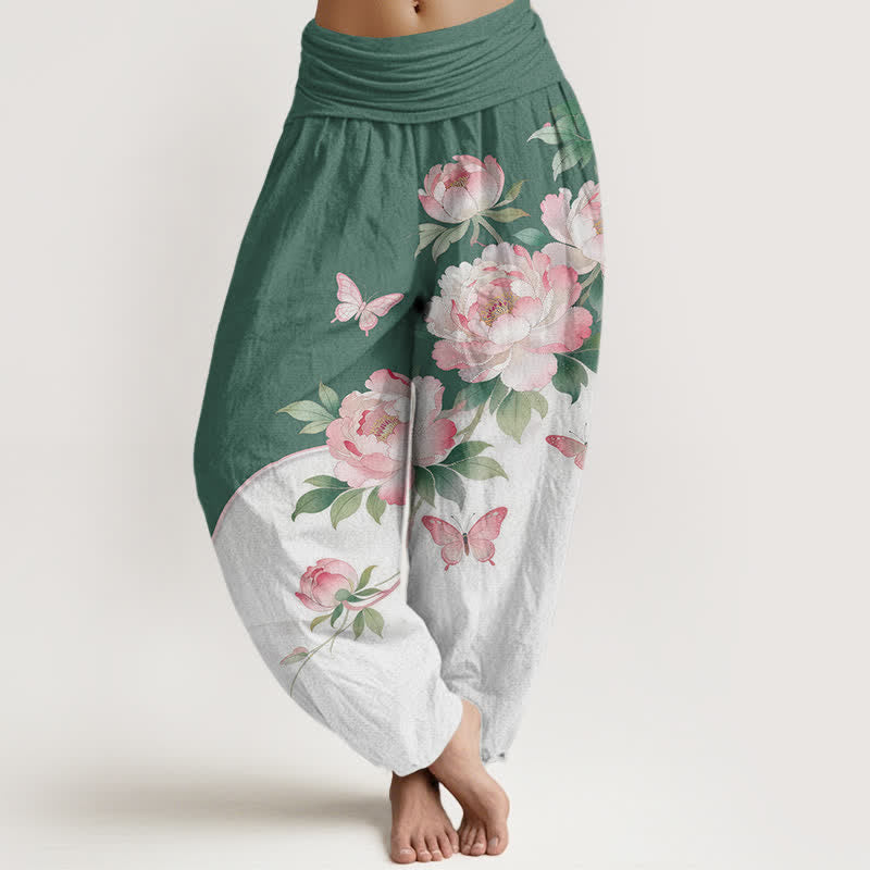 Buddha Stones Pantalones harem de algodón puro con estampado floral de mariposas para mujer con cintura elástica. - Verde mar medio - US16，UK/AU20，EU48 (3XL) - image 5