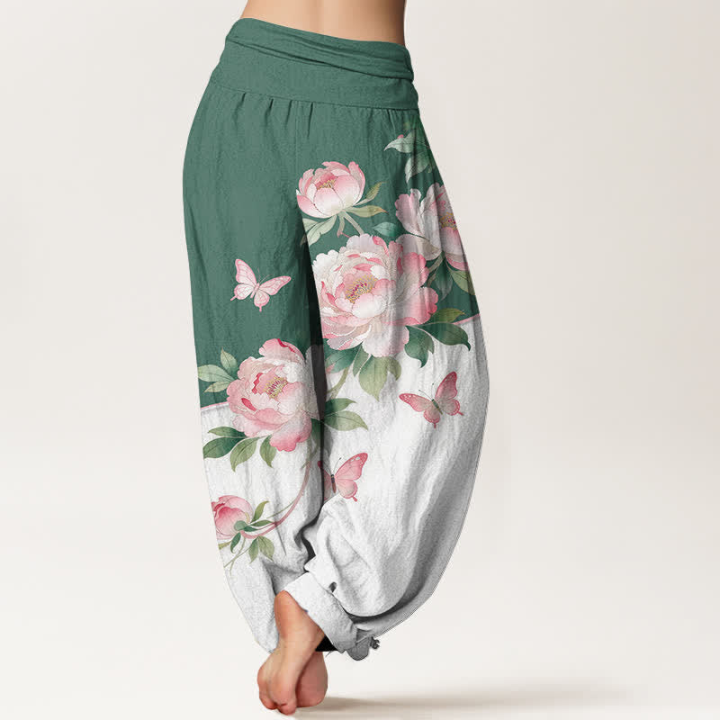 Buddha Stones Pantalones harem de algodón puro con estampado floral de mariposas para mujer con cintura elástica. - image 6