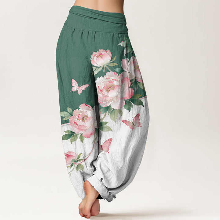 Buddha Stones Pantalones harem de algodón puro con estampado floral de mariposas para mujer con cintura elástica. - image 6