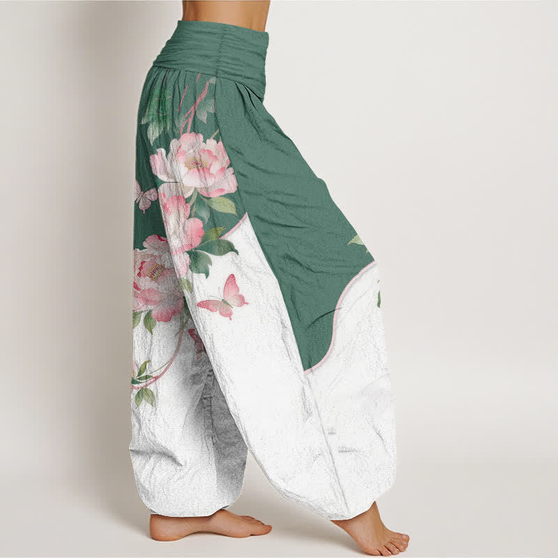 Buddha Stones Pantalones harem de algodón puro con estampado floral de mariposas para mujer con cintura elástica. - image 7