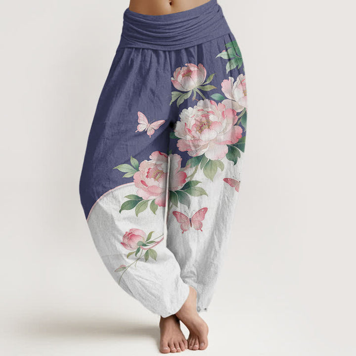 Buddha Stones Pantalones harem de algodón puro con estampado floral de mariposas para mujer con cintura elástica. - Azul pizarra - US16，UK/AU20，EU48 (3XL) - image 8