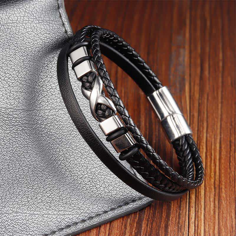 Buddha Stones Pulsera de hombre de acero de titanio trenzado de cuero negro para mayor resistencia - image 2