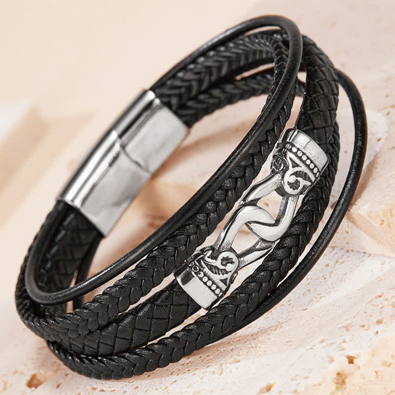 Buddha Stones Pulsera de doble vuelta de acero de titanio trenzado de cuero negro y gran durabilidad - image 1