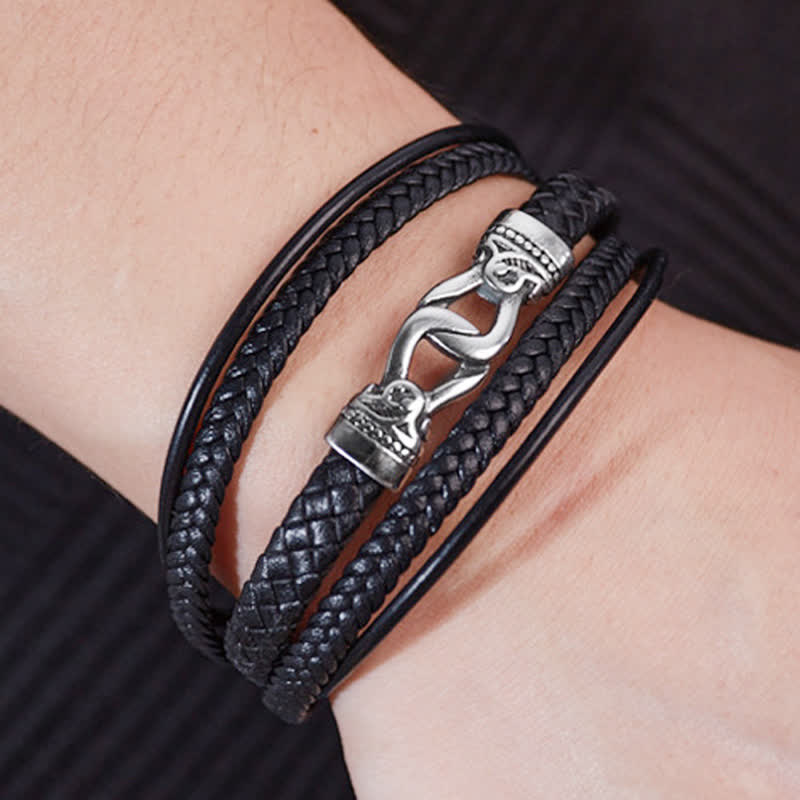Buddha Stones Pulsera de doble vuelta de acero de titanio trenzado de cuero negro y gran durabilidad - image 6