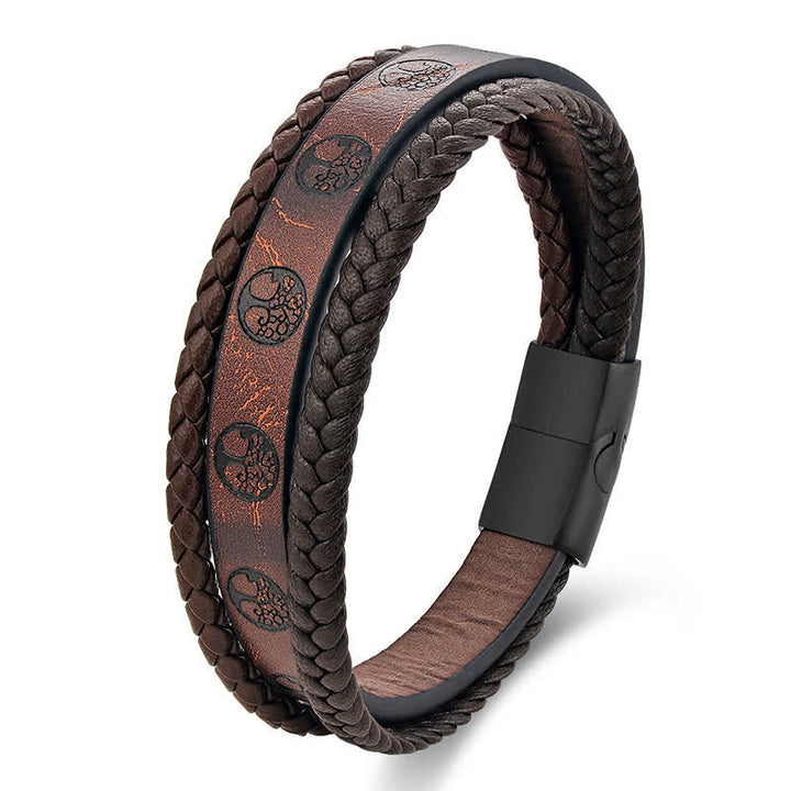Buddha Stones Pulsera envolvente de conexión Árbol de la Vida de acero de titanio y cuero trenzado - image 1