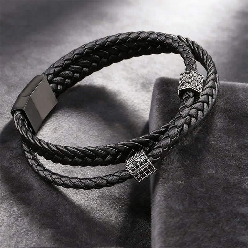 Buddha Stones Pulsera multi-envoltura de acero de titanio trenzado y tejido a mano en cuero negro - image 0