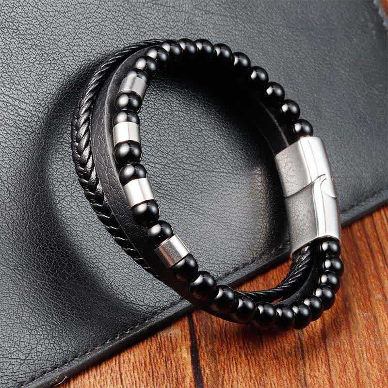Buddha Stones Pulsera de cuero negro trenzada de doble capa para mayor resistencia - image 10
