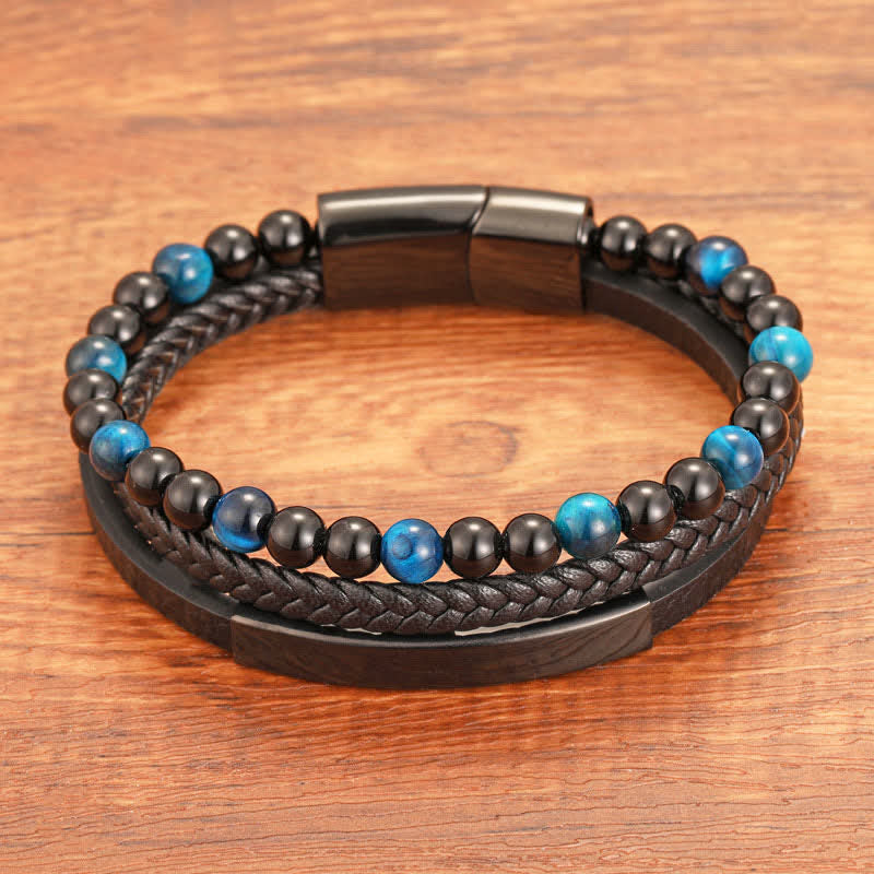 Buddha Stones Pulsera multicapa de cuero trenzado con diseño de ojo de tigre para mayor resistencia - image 1