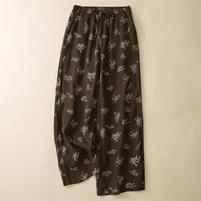 Buddha Stones Pantalones tobilleros florales de estilo vintage con cordón ajustable, estilo casual de verano para mujer, de pierna ancha y con bolsillo. - image 1