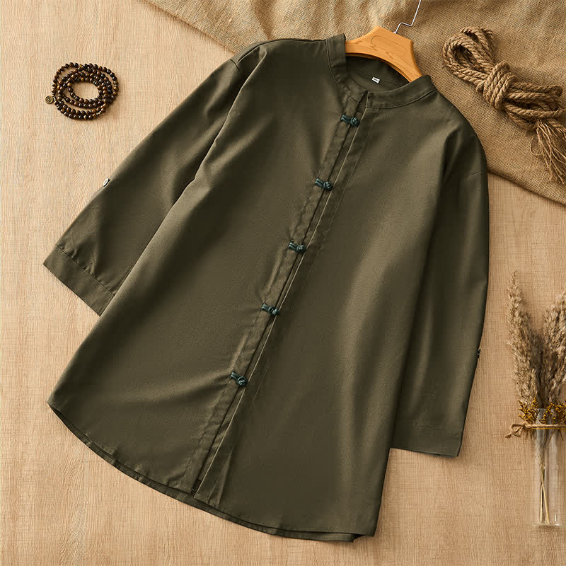 Buddha Stones Camisas de manga larga para hombre de estilo Tang, informales, con botones de rana, para primavera/verano. - Verde oliva oscuro - US/UK/AU44, EU54 (3XL) - image 13