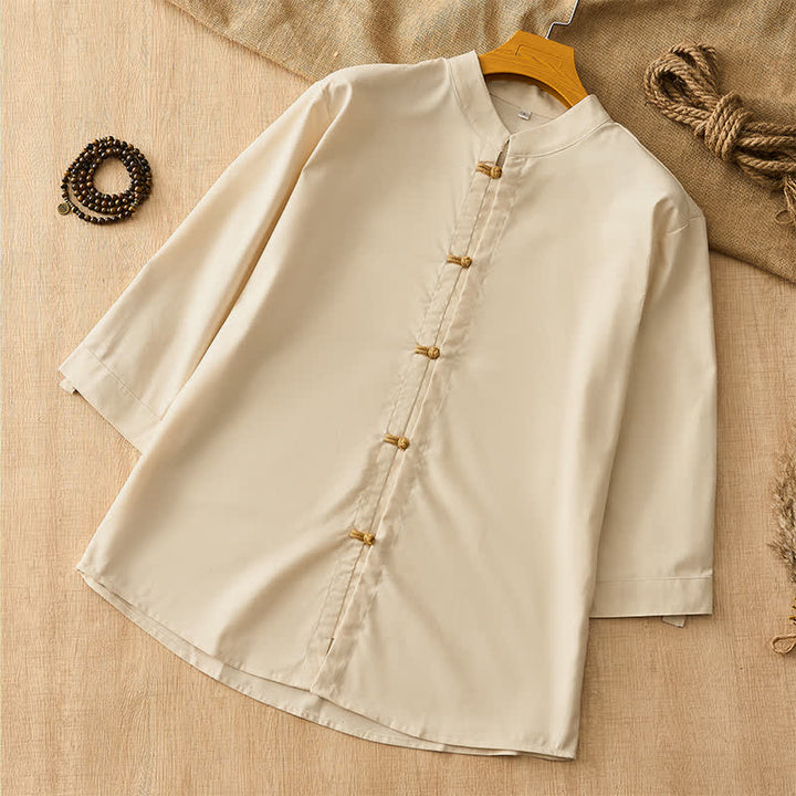 Buddha Stones Camisas de manga larga para hombre de estilo Tang, informales, con botones de rana, para primavera/verano. - Beige - US/UK/AU44, EU54 (3XL) - image 0