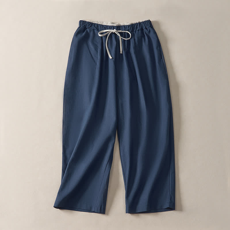 Buddha Stones Pantalones cortos minimalistas de verano con cordón ajustable, estilo harem para mujer, con bolsillo. - Azul pizarra oscuro - US8-10, UK/AU12-14, EU40-42 (2XL) - image 0