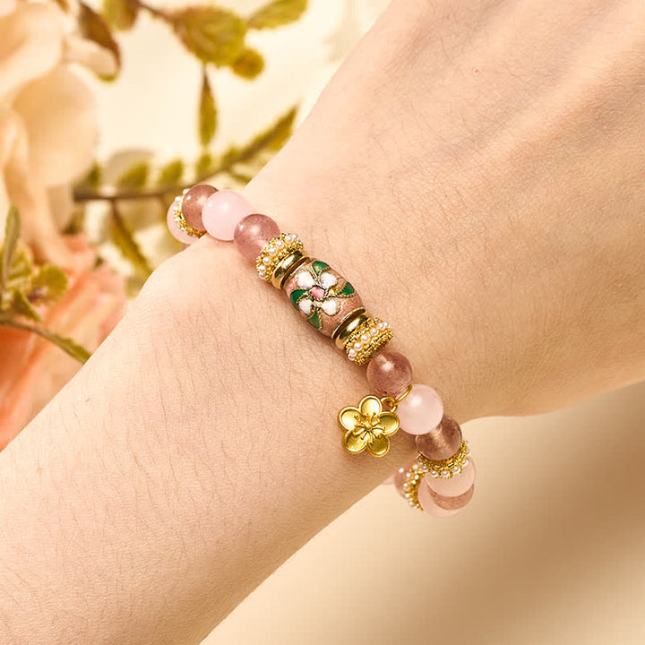Buddha Stones Colgante de flores de cuarzo rosa y cuarzo fresa natural con esmalte, pulsera redonda de cuentas pulidas con la palabra "amor". - image 4