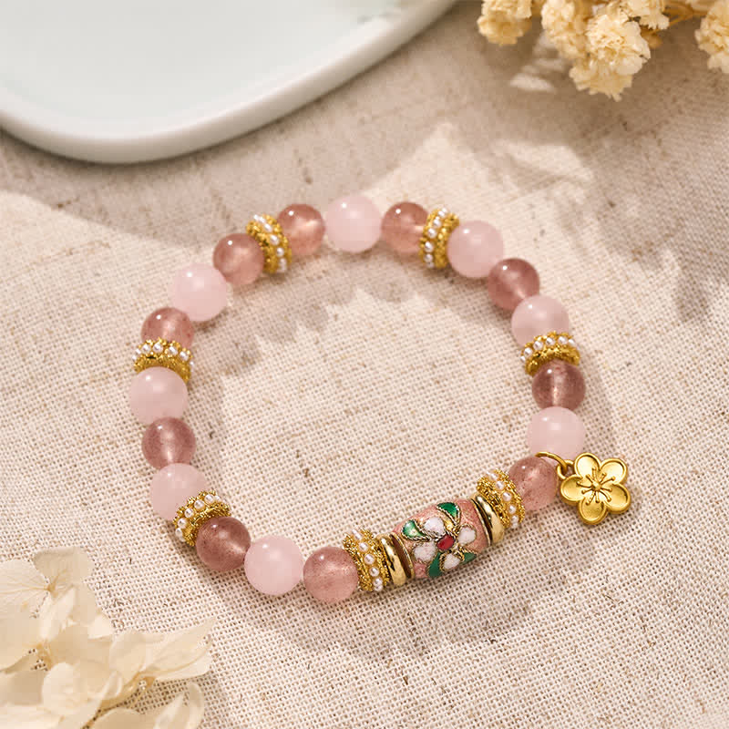Buddha Stones Colgante de flores de cuarzo rosa y cuarzo fresa natural con esmalte, pulsera redonda de cuentas pulidas con la palabra "amor". - Cuarzo fresa Cuarzo rosa (Circunferencia de la muñeca: 15–16 cm) - image 0