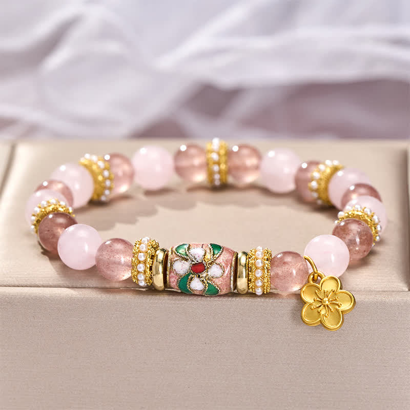 Buddha Stones Colgante de flores de cuarzo rosa y cuarzo fresa natural con esmalte, pulsera redonda de cuentas pulidas con la palabra "amor". - image 3