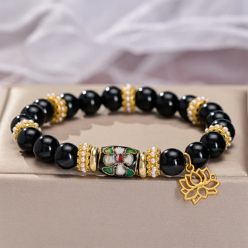 Buddha Stones Pulsera de cuentas redondas con colgante de flores de loto de esmalte cloisonné de obsidiana negra y protección - image 3
