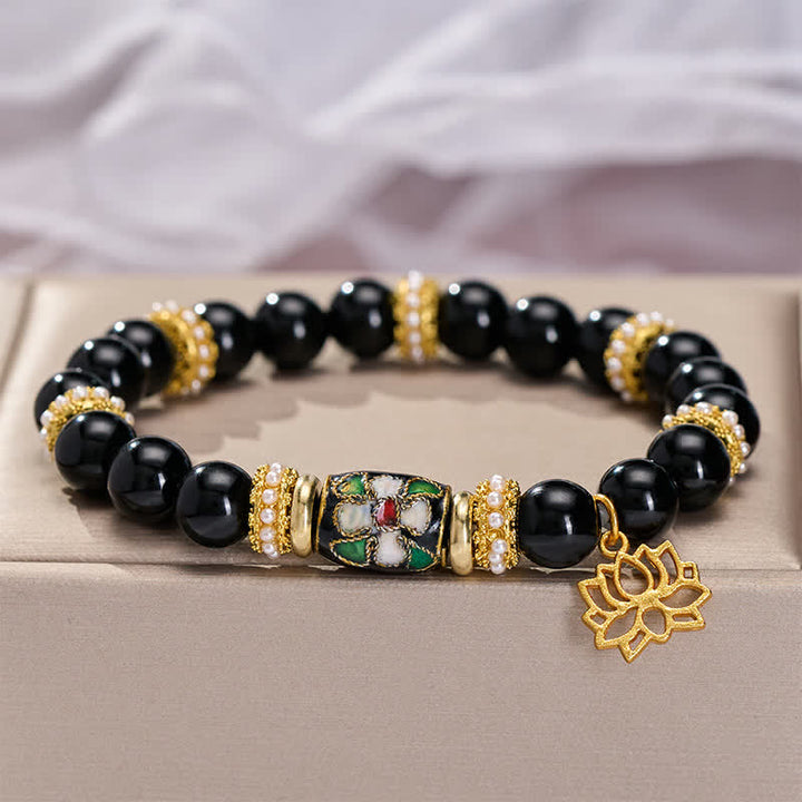 Buddha Stones Pulsera de cuentas redondas con colgante de flores de loto de esmalte cloisonné de obsidiana negra y protección - image 3