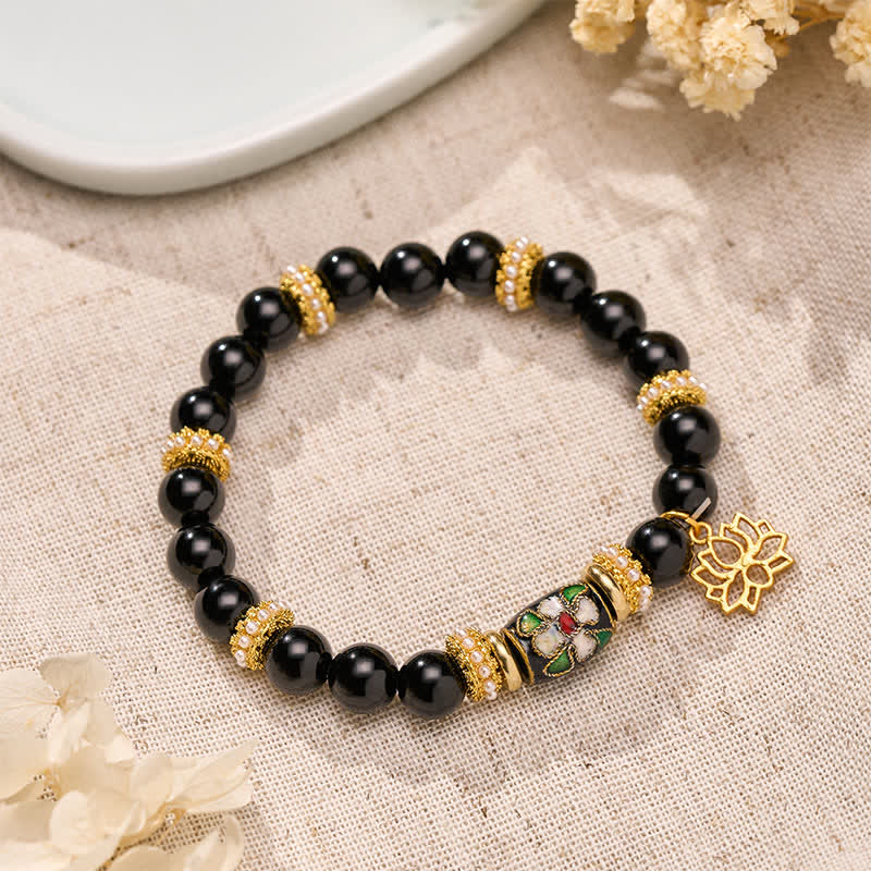 Buddha Stones Pulsera de cuentas redondas con colgante de flores de loto de esmalte cloisonné de obsidiana negra y protección - Obsidiana negra (circunferencia de la muñeca: 15–16 cm) - image 0