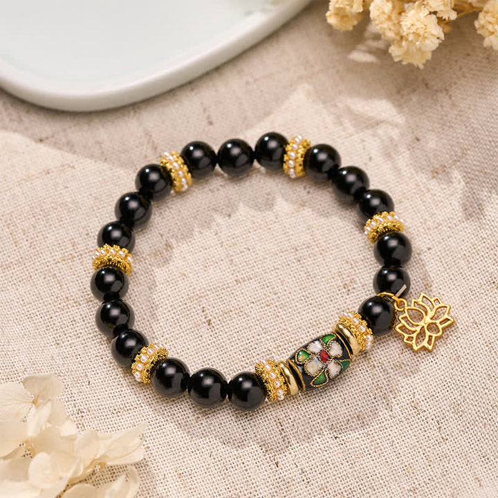 Buddha Stones Pulsera de cuentas redondas con colgante de flores de loto de esmalte cloisonné de obsidiana negra y protección - Obsidiana negra (circunferencia de la muñeca: 15–16 cm) - image 0