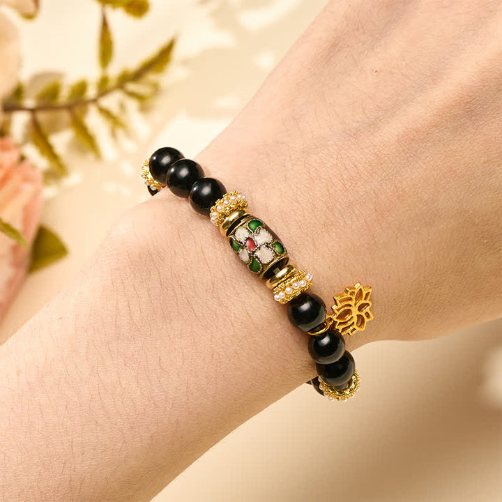 Buddha Stones Pulsera de cuentas redondas con colgante de flores de loto de esmalte cloisonné de obsidiana negra y protección - image 4