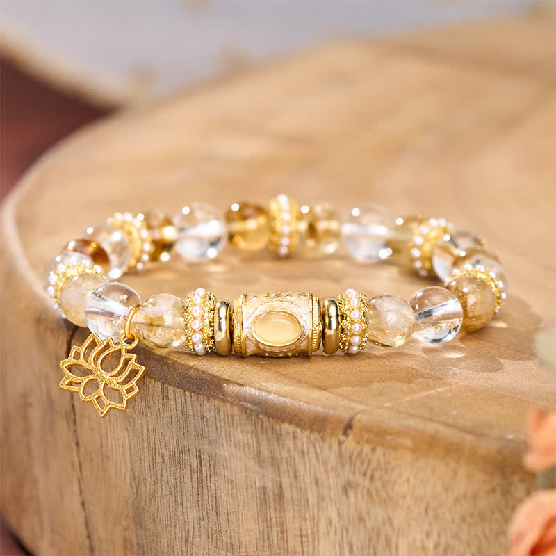 Buddha Stones Pulsera de cuentas redondas de loto con esmalte de cuarzo citrino transparente - image 1