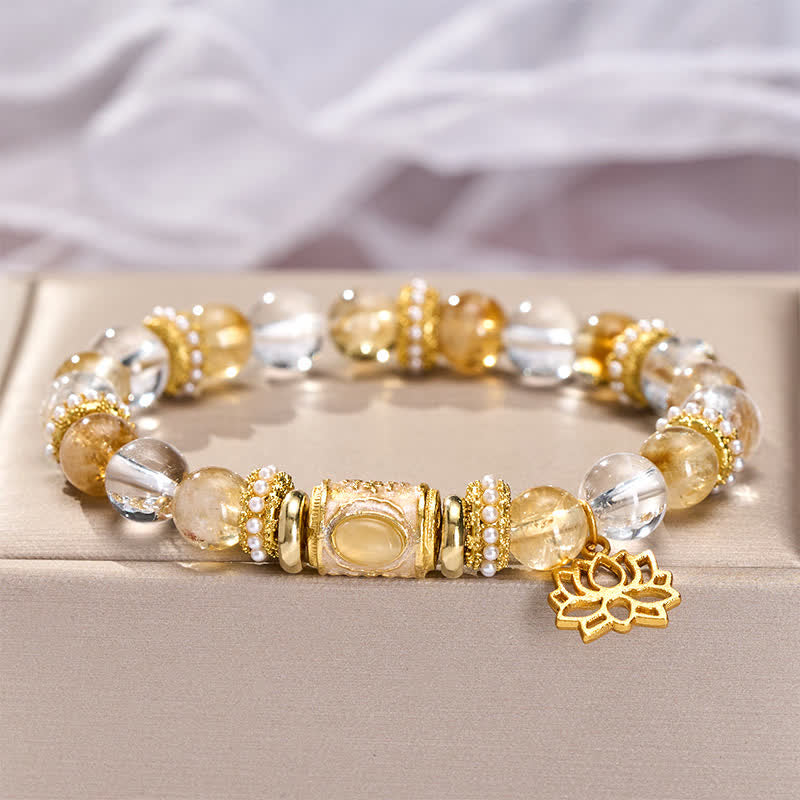 Buddha Stones Pulsera de cuentas redondas de loto con esmalte de cuarzo citrino transparente - image 2