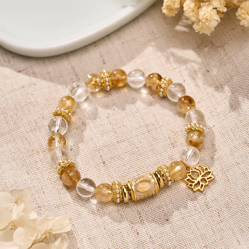 Buddha Stones Pulsera de cuentas redondas de loto con esmalte de cuarzo citrino transparente - Cuarzo citrino transparente (circunferencia de la muñeca: 15–16 cm) - image 0