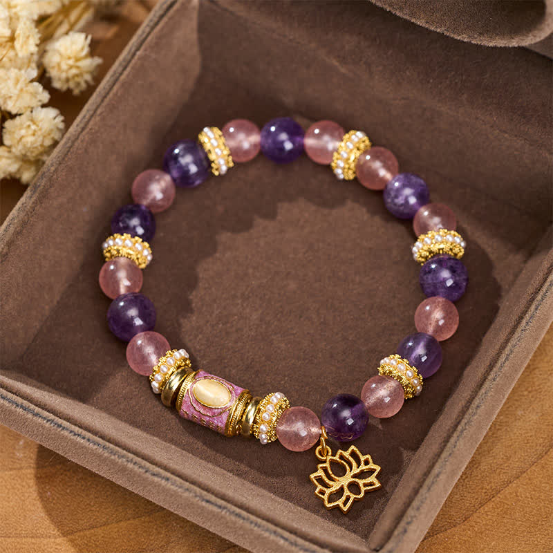 Buddha Stones Colgante de loto con cuentas cilíndricas de cuarzo fresa y amatista natural, esmalte, pulsera redonda de cuentas pulidas a mano. - image 1