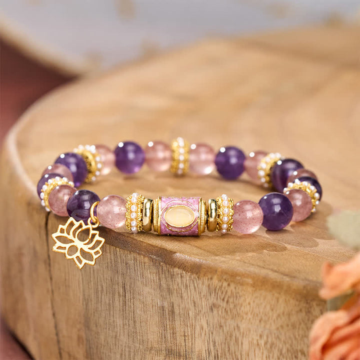 Buddha Stones Colgante de loto con cuentas cilíndricas de cuarzo fresa y amatista natural, esmalte, pulsera redonda de cuentas pulidas a mano. - image 2
