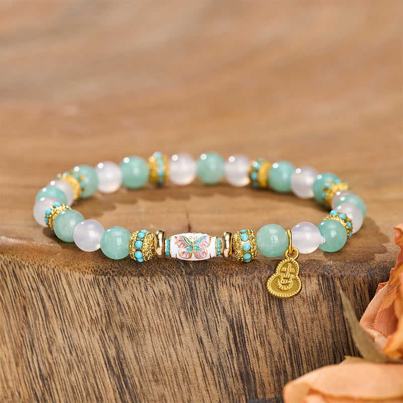 Buddha Stones Pulsera de cuentas redondas pulidas a mano con forma de mariposa, ágata blanca y esmalte amazonita - Ágata blanca amazonita (circunferencia de la muñeca: 15–16 cm) - image 0