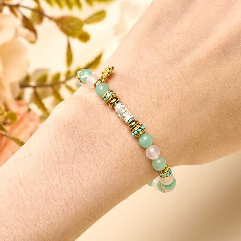 Buddha Stones Pulsera de cuentas redondas pulidas a mano con forma de mariposa, ágata blanca y esmalte amazonita - image 4