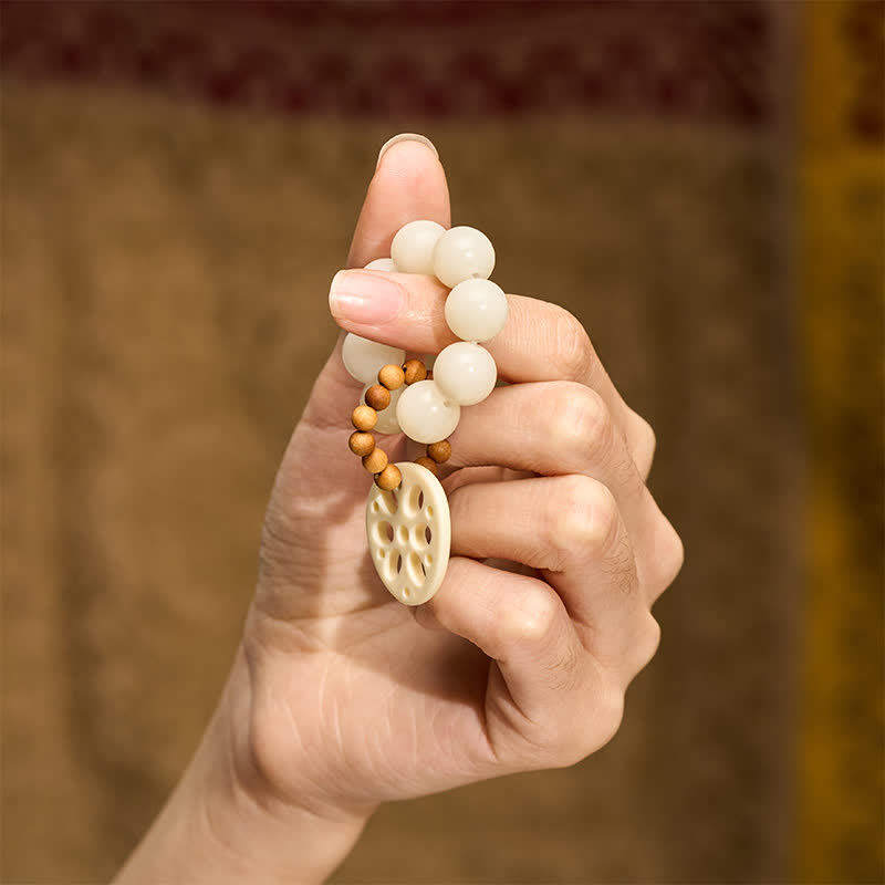Buddha Stones Colgante de raíz de loto con semillas de Bodhi blancas, cuentas táctiles para meditación y decoración. - image 4